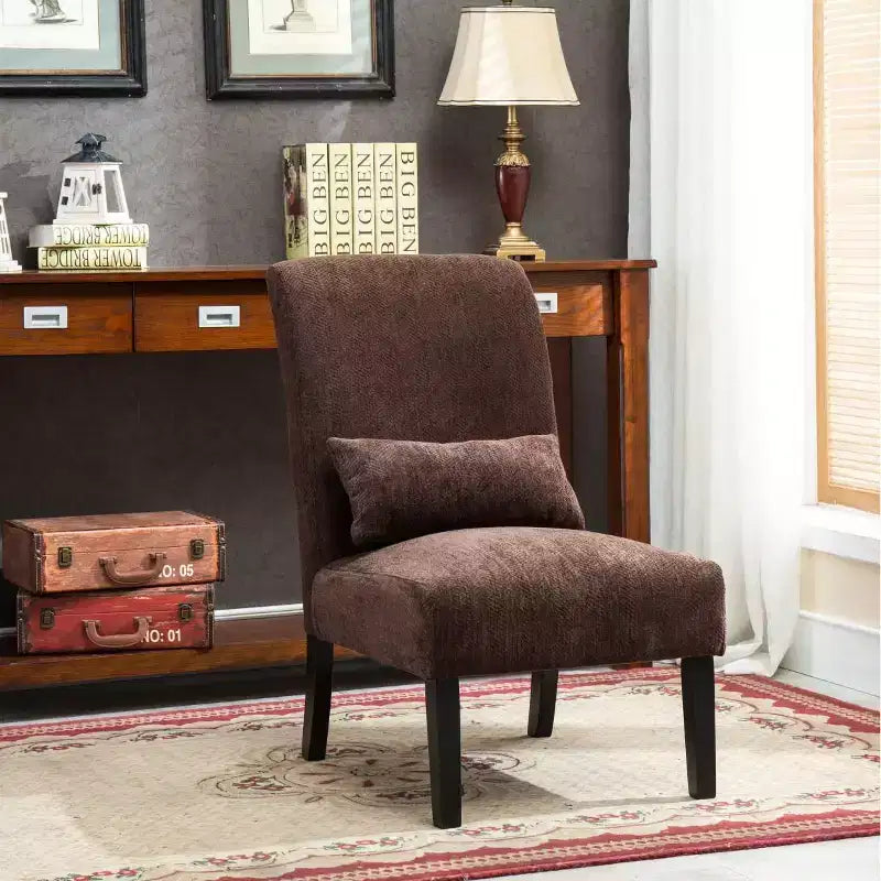 Modern Chenille Fabric Armless Accent Chair with Pillow, Solid Wood Legs, Deep Seat Side Chair for Living Room, Bedroom, or Office-Panipeachy