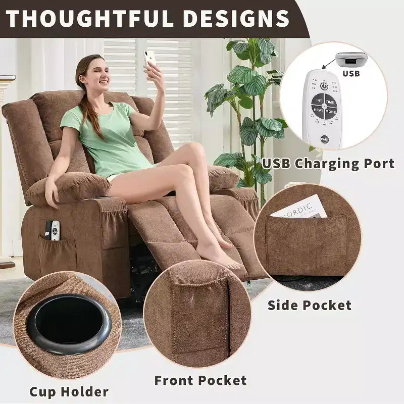 Acekool Lift Assist Recliner Chair, Massage, Cup Holders, Storage Pockets, for Living Room