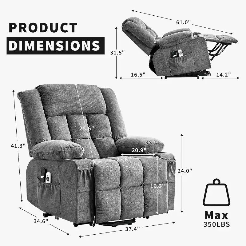 Acekool Lift Assist Recliner Chair, Massage, Cup Holders, Storage Pockets, for Living Room