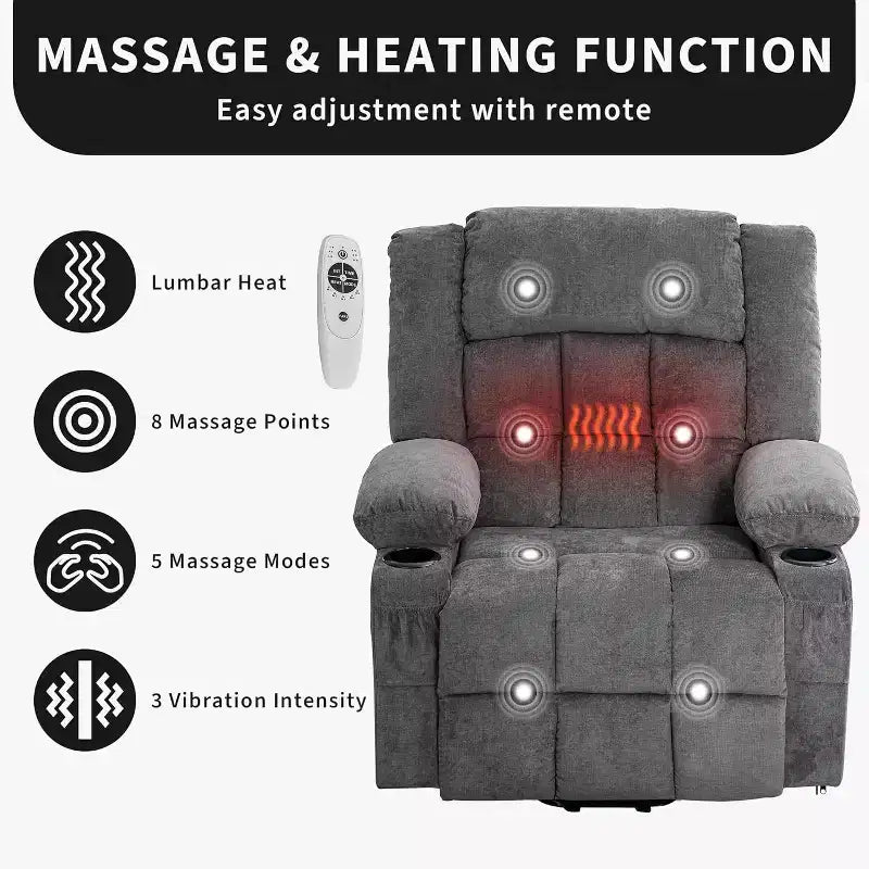 Acekool Lift Assist Recliner Chair, Massage, Cup Holders, Storage Pockets, for Living Room