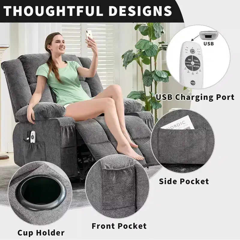 Acekool Lift Assist Recliner Chair, Massage, Cup Holders, Storage Pockets, for Living Room