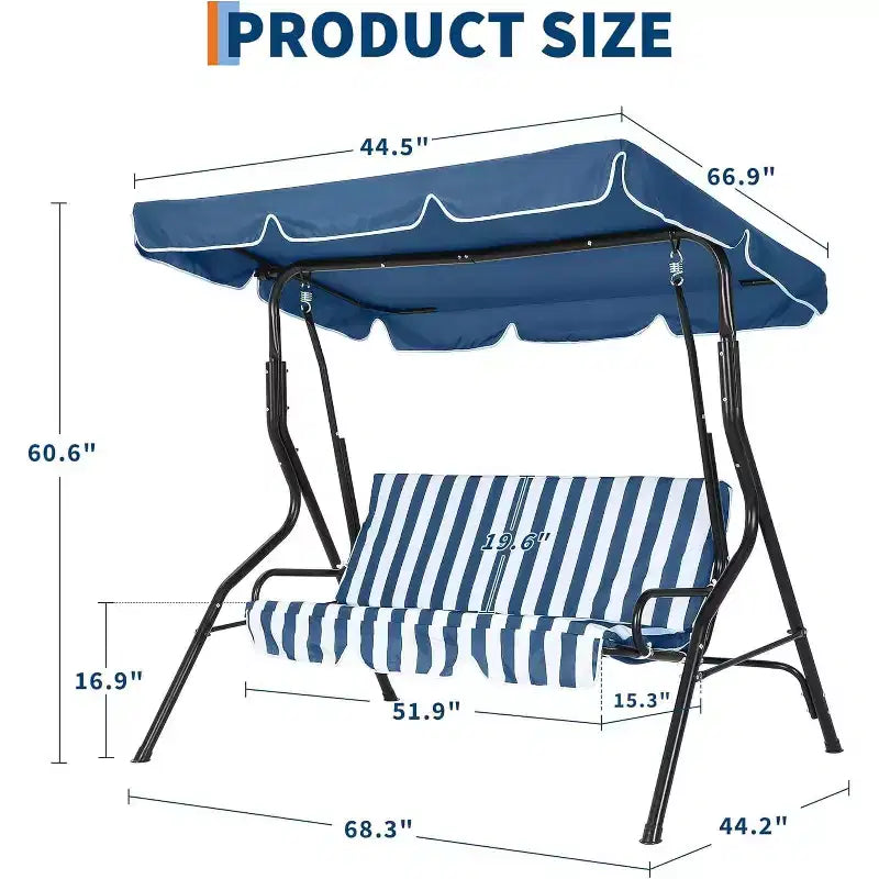 GustoWave Weather-Resistant 3-Seat Outdoor Swing Chair with Adjustable Canopy, Thick Cushions & Steel Frame, Patio/Garden/Porch