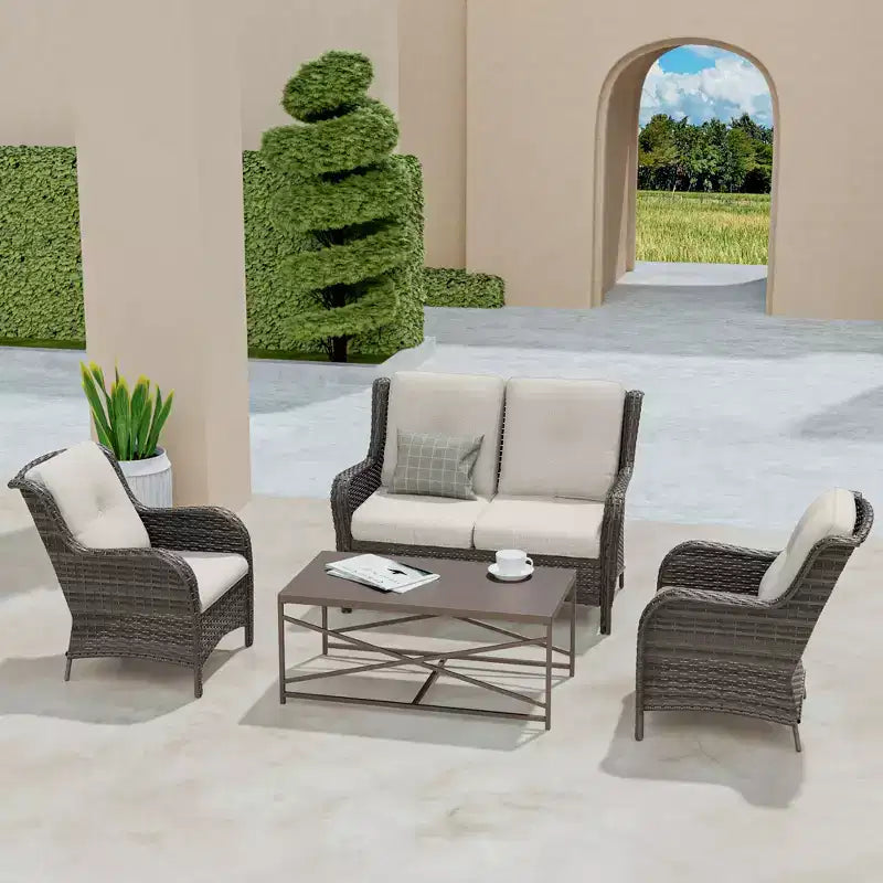 Ensemble de salon d'extérieur UPTIOT 4 pièces tout temps avec causeuse, chaises et table en verre trempé