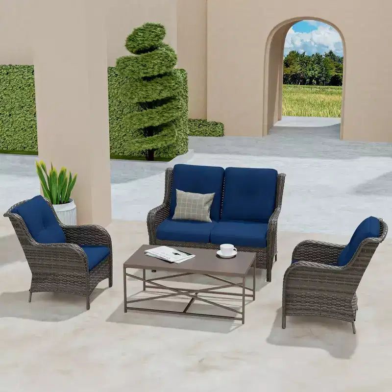 Ensemble de salon d'extérieur UPTIOT 4 pièces tout temps avec causeuse, chaises et table en verre trempé