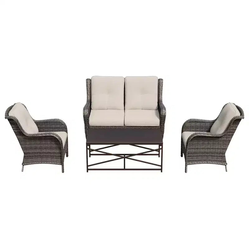 Ensemble de salon d'extérieur UPTIOT 4 pièces tout temps avec causeuse, chaises et table en verre trempé