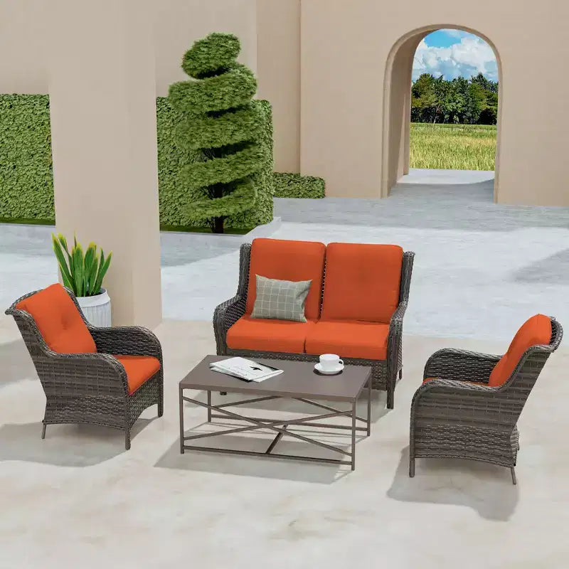 Ensemble de salon d'extérieur UPTIOT 4 pièces tout temps avec causeuse, chaises et table en verre trempé