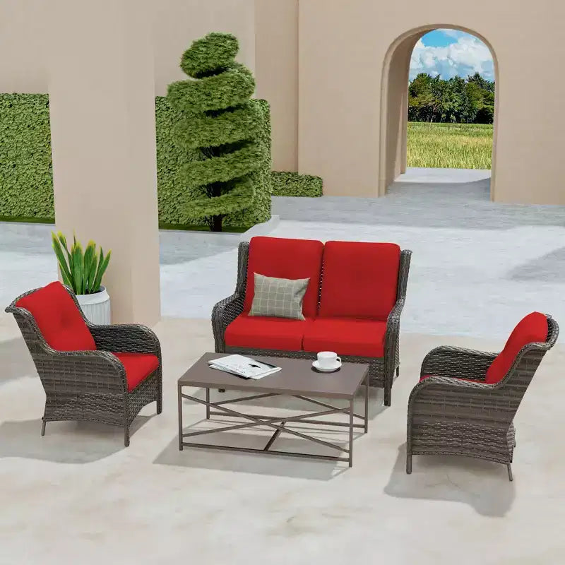 Ensemble de salon d'extérieur UPTIOT 4 pièces tout temps avec causeuse, chaises et table en verre trempé