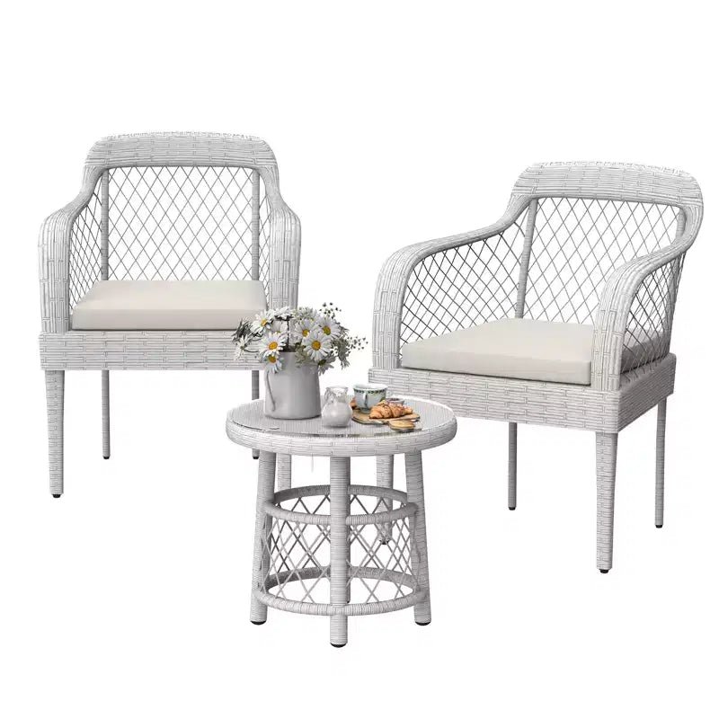 COZONY 3-Piece Outdoor Conversation Set, Rattan Patio Furniture w/ Cushions & Glass Table for Garden