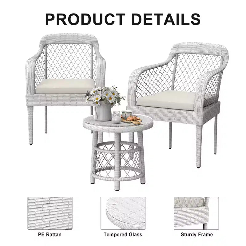 COZONY 3-Piece Outdoor Conversation Set, Rattan Patio Furniture w/ Cushions & Glass Table for Garden