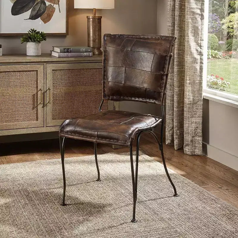 HomeRoots 16 Brown Faux Leather Patchwork Side Chair