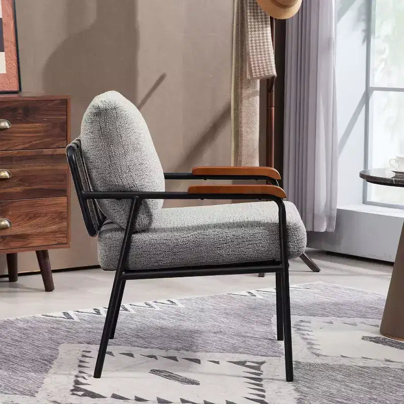 TUYOHW 23 Chaise d'appoint moderne avec accoudoirs en bois naturel, fauteuil de lecture rembourré avec cadre en métal noir, chaise longue pour salon, chambre à coucher