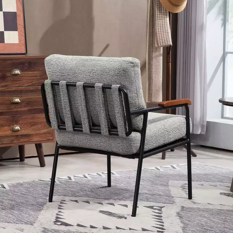 TUYOHW 23 Chaise d'appoint moderne avec accoudoirs en bois naturel, fauteuil de lecture rembourré avec cadre en métal noir, chaise longue pour salon, chambre à coucher