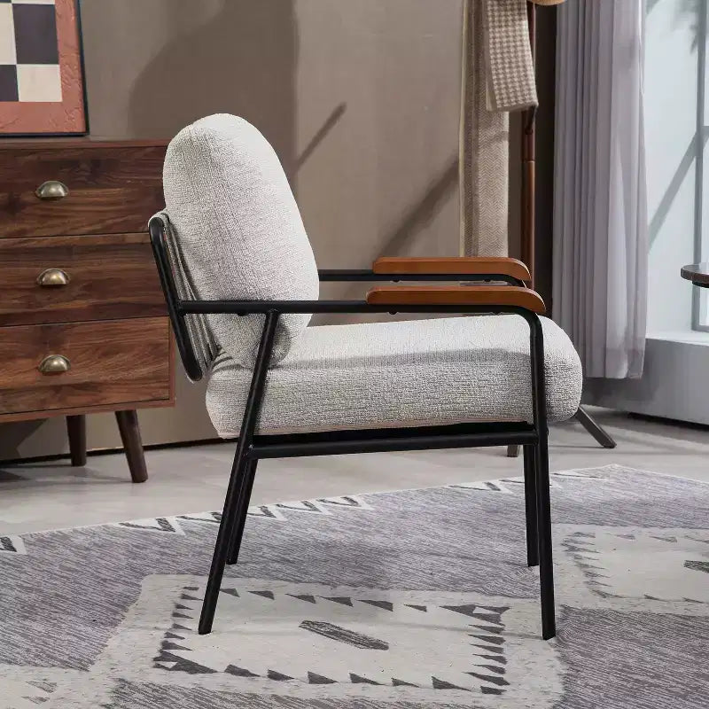 TUYOHW 23 Chaise d'appoint moderne avec accoudoirs en bois naturel, fauteuil de lecture rembourré avec cadre en métal noir, chaise longue pour salon, chambre à coucher
