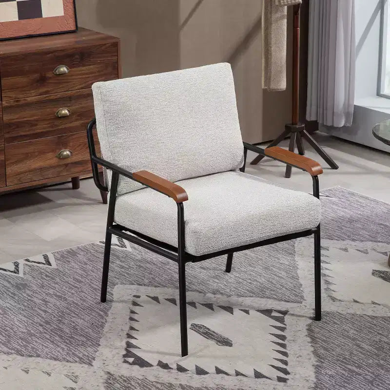 TUYOHW 23 Chaise d'appoint moderne avec accoudoirs en bois naturel, fauteuil de lecture rembourré avec cadre en métal noir, chaise longue pour salon, chambre à coucher