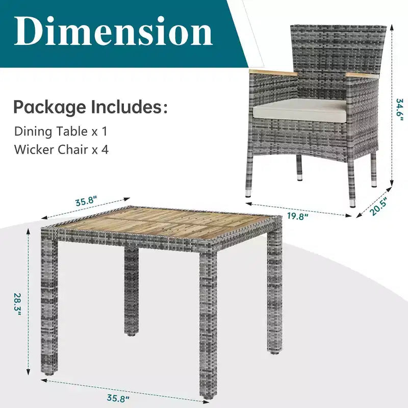 Celebalcony Ensemble de salle à manger de 5 pièces pour patio, ensemble de conversation en osier avec plateau de table en bois, table et chaises d'extérieur avec coussins pour jardin