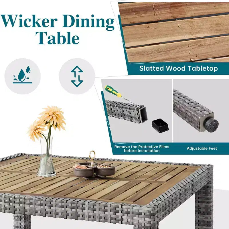Celebalcony Ensemble de salle à manger de 5 pièces pour patio, ensemble de conversation en osier avec plateau de table en bois, table et chaises d'extérieur avec coussins pour jardin