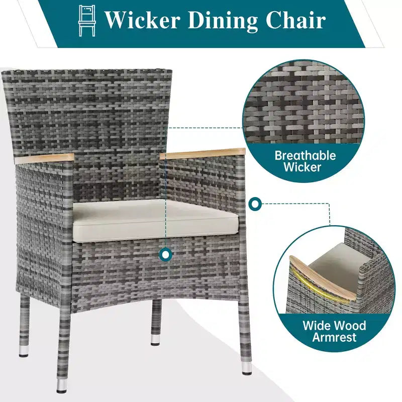 Celebalcony Ensemble de salle à manger de 5 pièces pour patio, ensemble de conversation en osier avec plateau de table en bois, table et chaises d'extérieur avec coussins pour jardin