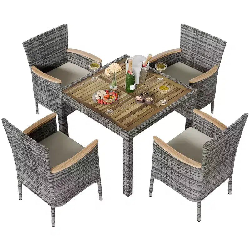 Celebalcony Ensemble de salle à manger de 5 pièces pour patio, ensemble de conversation en osier avec plateau de table en bois, table et chaises d'extérieur avec coussins pour jardin