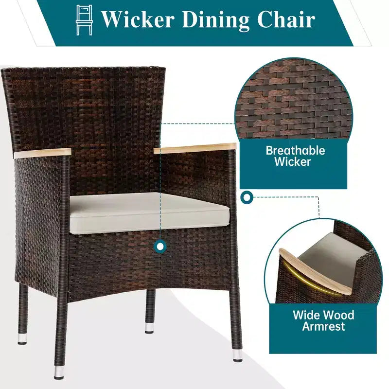 Celebalcony Ensemble de salle à manger de 5 pièces pour patio, ensemble de conversation en osier avec plateau de table en bois, table et chaises d'extérieur avec coussins pour jardin