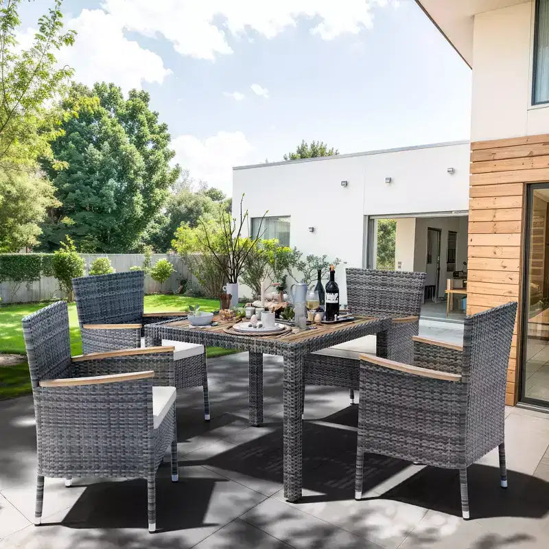 Celebalcony Ensemble de salle à manger de 5 pièces pour patio, ensemble de conversation en osier avec plateau de table en bois, table et chaises d'extérieur avec coussins pour jardin