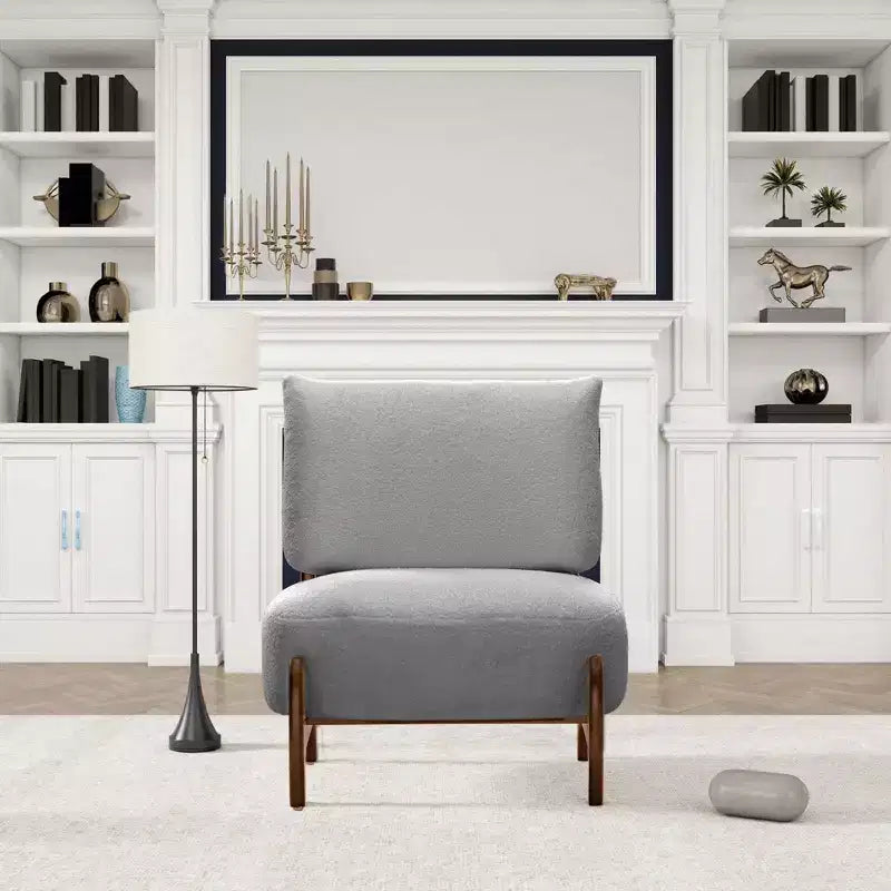 TUYOHW Modern Wood Accent Chair with Soft Teddy Upholstered Armless Reading Chair with Wood Legs Leisure Low Chairs for Living Room, Bedroom