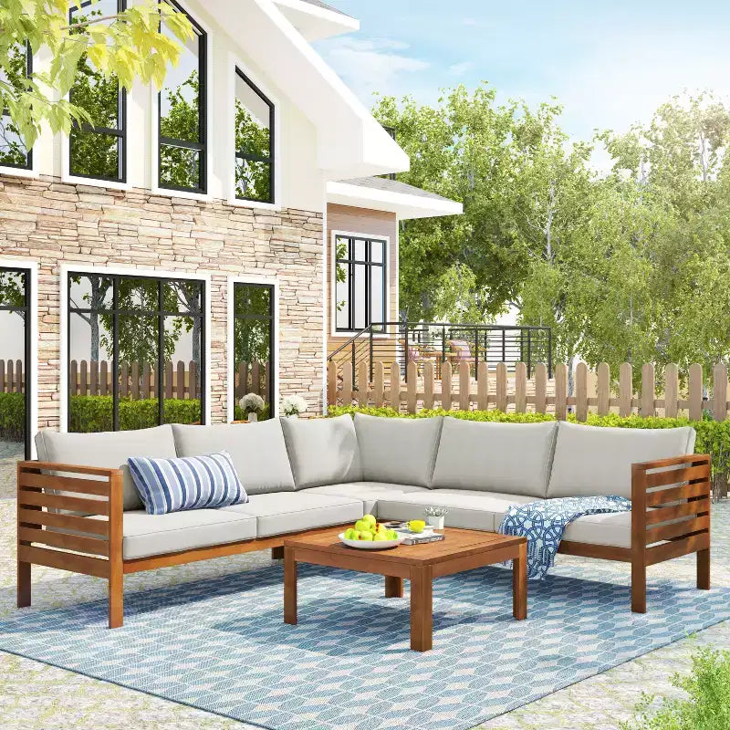 GDFStudio Xavier Salon de jardin modulaire japonais 4 pièces en bois d'acacia avec table basse et coussins