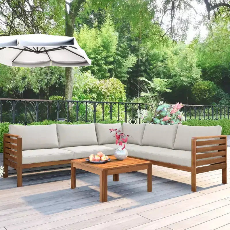 GDFStudio Xavier Patio Japanese 4-Piece Acacia Wood Modular Sofa Set with Coffee Table and Cushions