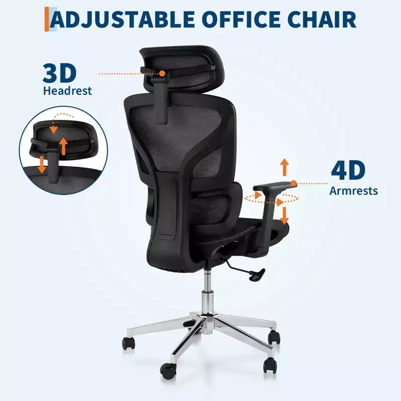 Chaise de bureau ergonomique en maille, soutien lombaire, accoudoirs réglables 4D, réglage de l'inclinaison et de la hauteur, pivotant à 360°, chaise de bureau à domicile, chaise de jeu et d'étude