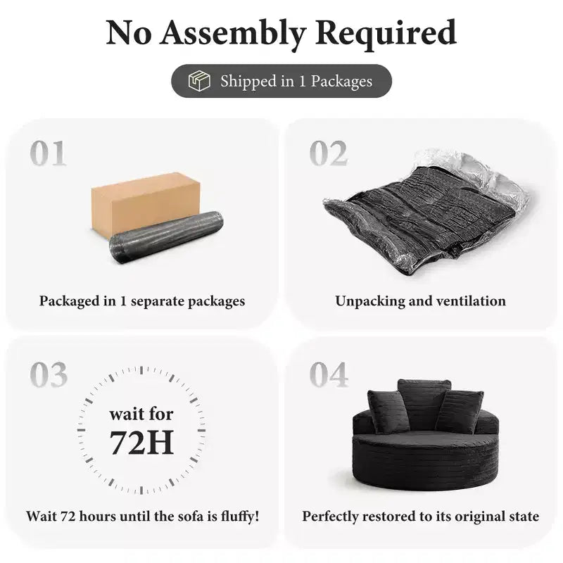 KERDOM Oversized Round Sofa with Cushioned Backrest, Single Cloud Floor Sofa Chair For Living Room, No Assembly Required, Black