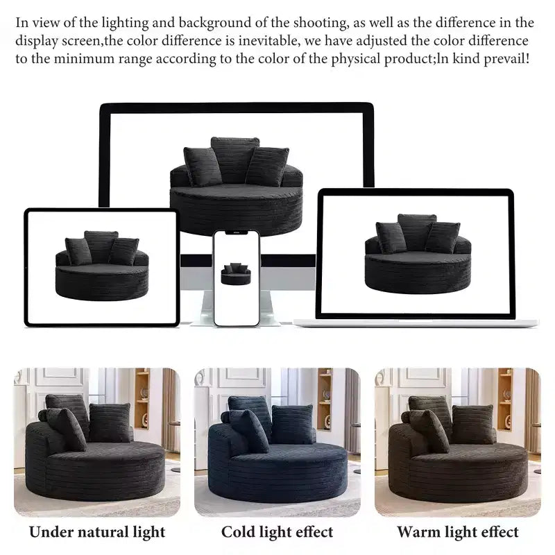 KERDOM Ensemble de 2 canapés ronds surdimensionnés, canapé-fauteuil individuel "nuage" avec assise profonde, aucun assemblage requis, noir