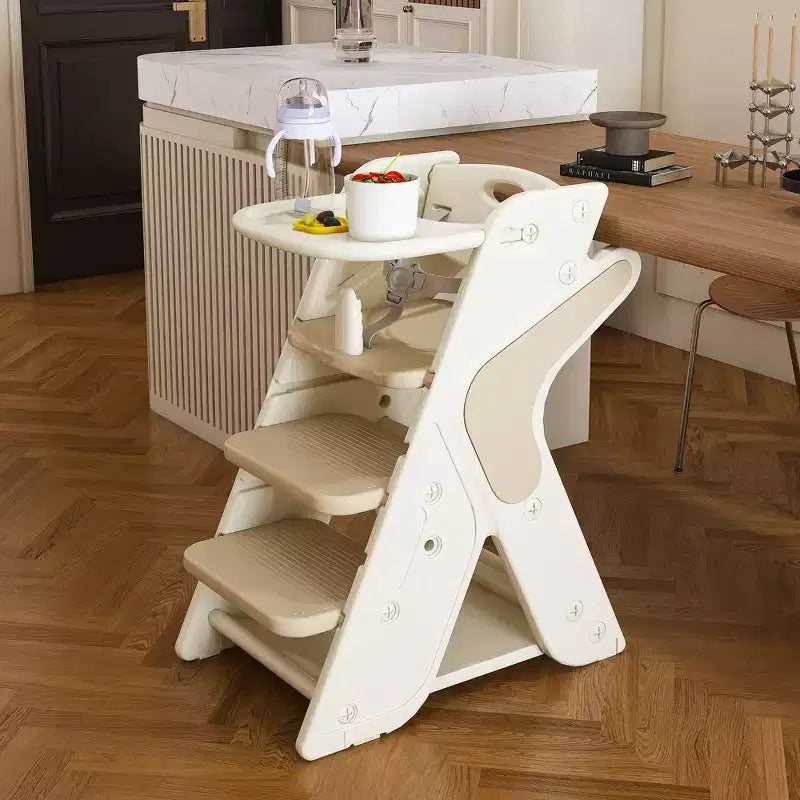JVNOXK Height-adjustable multi-functional high chair for children's meals and feeding, featuring a five-point safety harness and removable tray. White