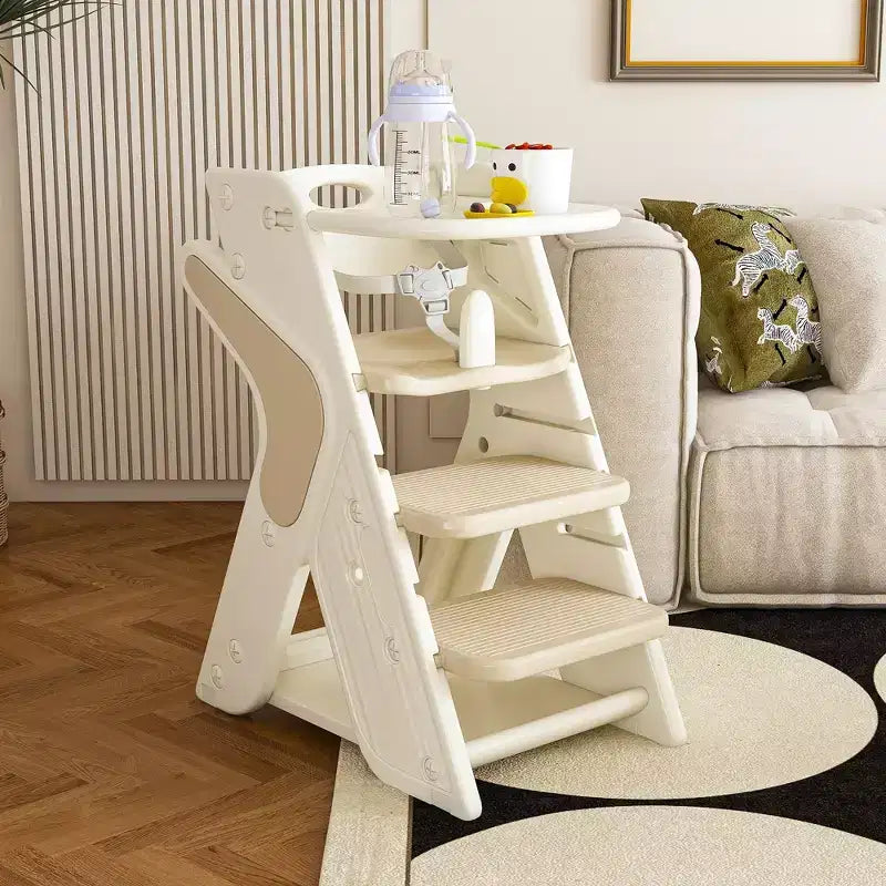 JVNOXK Chaise haute multifonctionnelle réglable en hauteur pour les repas et l'alimentation des enfants, dotée d'un harnais de sécurité à cinq points et d'un plateau amovible. Blanc