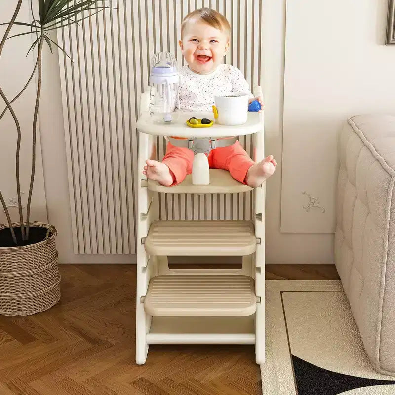 JVNOXK Chaise haute multifonctionnelle réglable en hauteur pour les repas et l'alimentation des enfants, dotée d'un harnais de sécurité à cinq points et d'un plateau amovible. Blanc