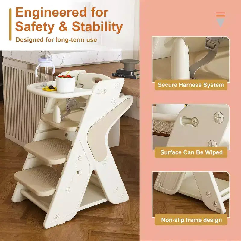 JVNOXK Chaise haute multifonctionnelle réglable en hauteur pour les repas et l'alimentation des enfants, dotée d'un harnais de sécurité à cinq points et d'un plateau amovible. Blanc