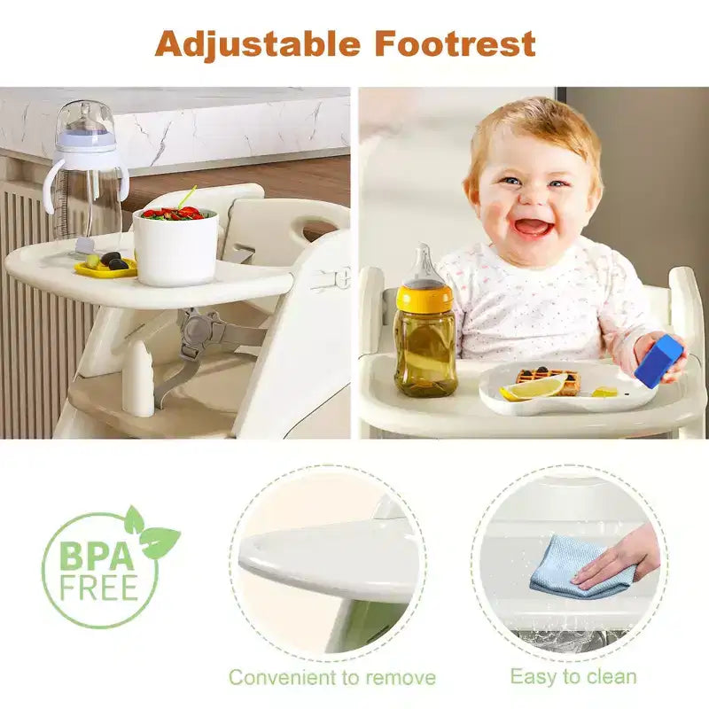 JVNOXK Chaise haute multifonctionnelle réglable en hauteur pour les repas et l'alimentation des enfants, dotée d'un harnais de sécurité à cinq points et d'un plateau amovible. Blanc