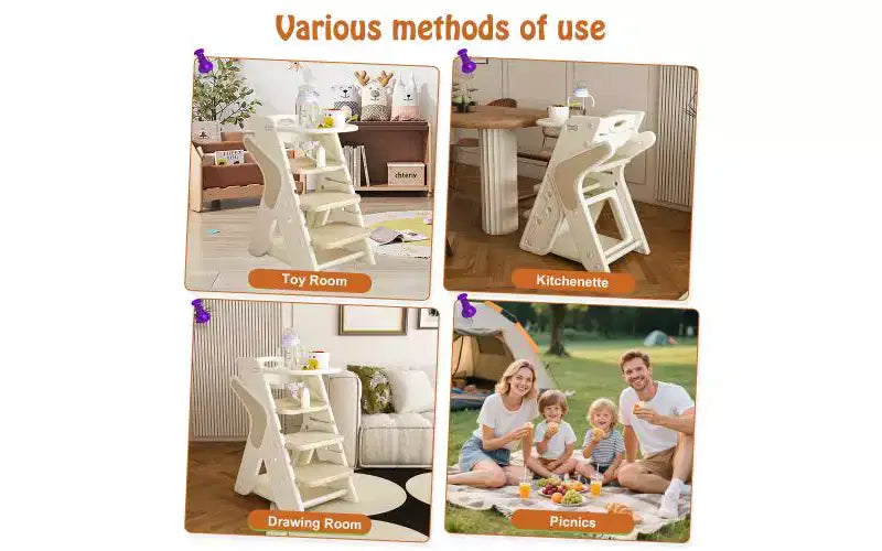 JVNOXK Chaise haute multifonctionnelle réglable en hauteur pour les repas et l'alimentation des enfants, dotée d'un harnais de sécurité à cinq points et d'un plateau amovible. Blanc