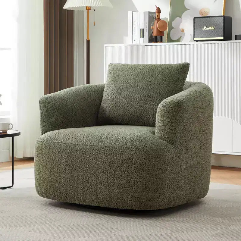 Etokfoks 360 Degree Swivel Accent Chair 38.2 Inch Wide Upholstered Barrel Chair Deep Seat Boucle Fabric for Living Room Bedroom Office Green