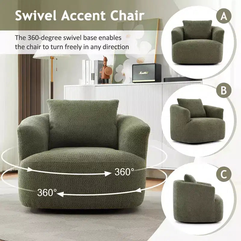 Fauteuil d'appoint pivotant à 360° Etokfoks, fauteuil club rembourré de 97 cm de large, siège profond en tissu bouclé pour salon, chambre, bureau, vert