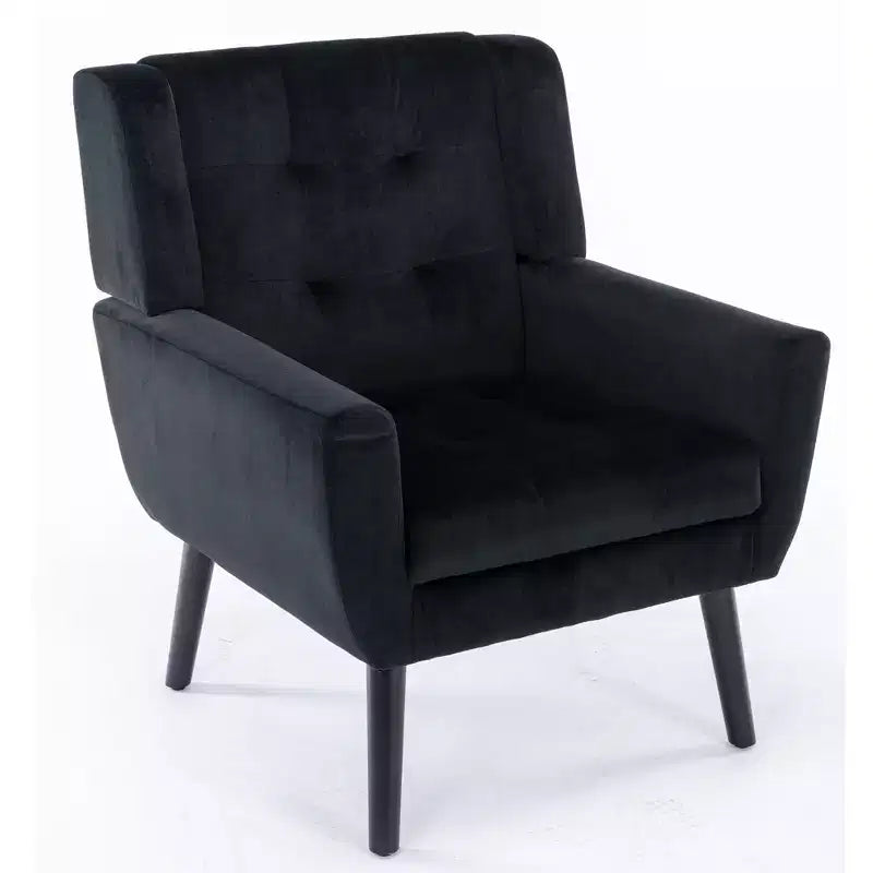 Fauteuil d'appoint en velours Etokfoks avec siège rembourré ergonomique, dossier et accoudoirs capitonnés, pieds en bois massif noir 29.5L x 29.5P x 34.6H pouces