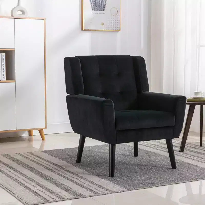 Fauteuil d'appoint en velours Etokfoks avec siège rembourré ergonomique, dossier et accoudoirs capitonnés, pieds en bois massif noir 29.5L x 29.5P x 34.6H pouces