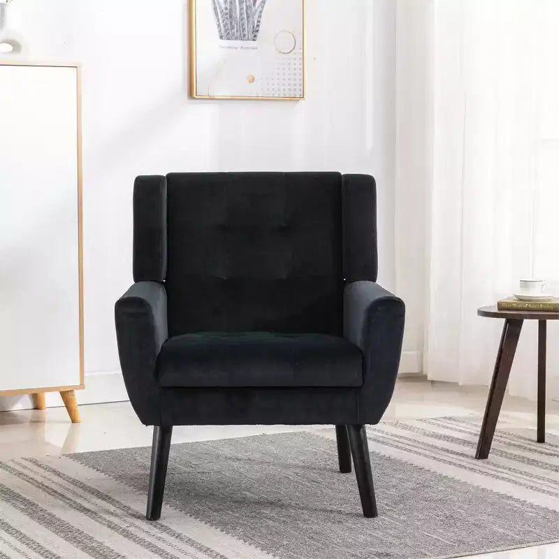 Fauteuil d'appoint en velours Etokfoks avec siège rembourré ergonomique, dossier et accoudoirs capitonnés, pieds en bois massif noir 29.5L x 29.5P x 34.6H pouces