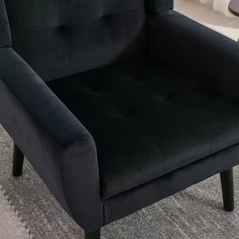 Fauteuil d'appoint en velours Etokfoks avec siège rembourré ergonomique, dossier et accoudoirs capitonnés, pieds en bois massif noir 29.5L x 29.5P x 34.6H pouces