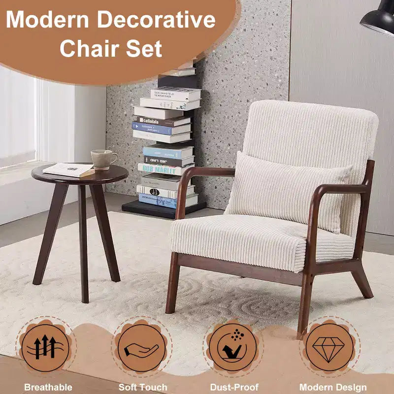 Etokfoks Mid Century Modern Accent Chair and Coffee Table Set Beige Chair Walnut Tone Table for Living Room or Bedroom Relaxation