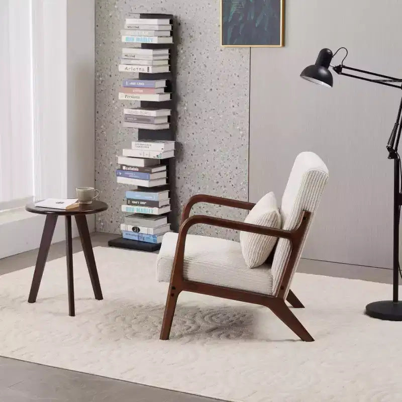 Etokfoks Mid Century Modern Accent Chair and Coffee Table Set Beige Chair Walnut Tone Table for Living Room or Bedroom Relaxation