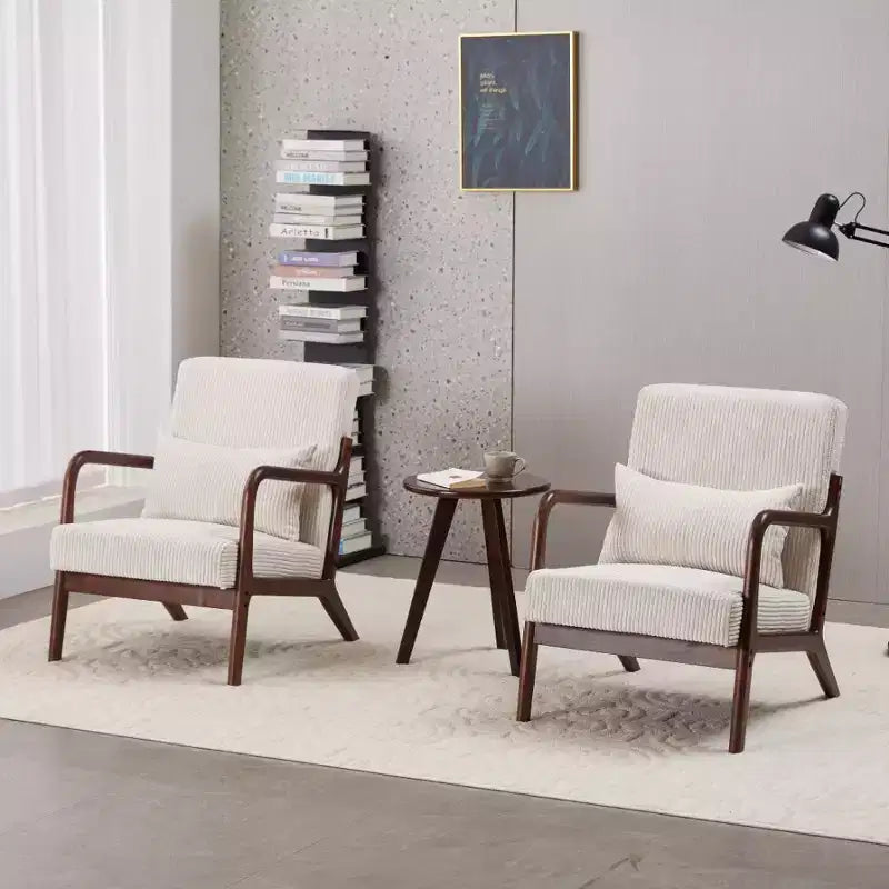 Etokfoks Mid Century Modern Accent Chair and Coffee Table Set Beige Chair Walnut Tone Table for Living Room or Bedroom Relaxation