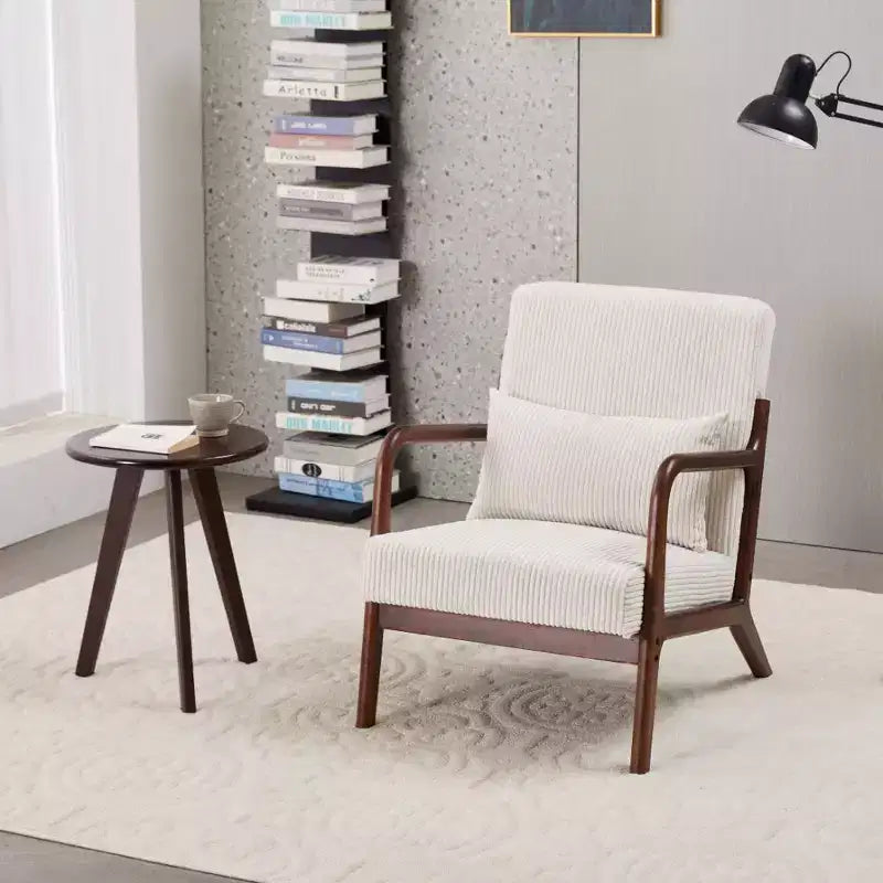 Etokfoks Mid Century Modern Accent Chair and Coffee Table Set Beige Chair Walnut Tone Table for Living Room or Bedroom Relaxation