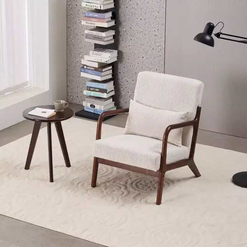 Etokfoks Mid Century Modern Accent Chair and Coffee Table Set Beige Chair Walnut Tone Table for Living Room or Bedroom Relaxation