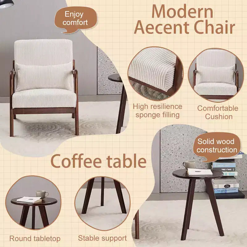 Etokfoks Mid Century Modern Accent Chair and Coffee Table Set Beige Chair Walnut Tone Table for Living Room or Bedroom Relaxation