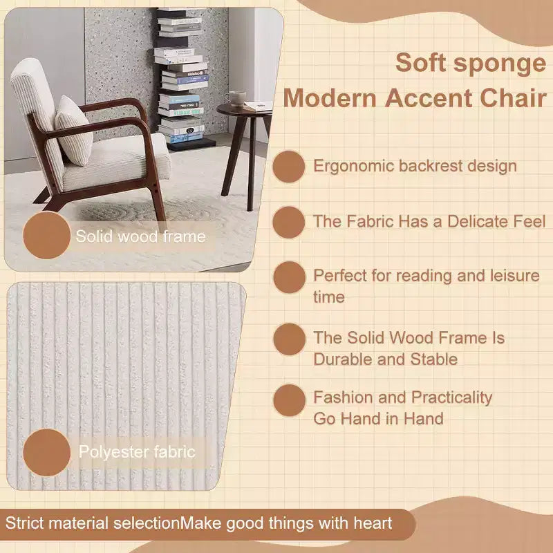 Etokfoks Mid Century Modern Accent Chair and Coffee Table Set Beige Chair Walnut Tone Table for Living Room or Bedroom Relaxation