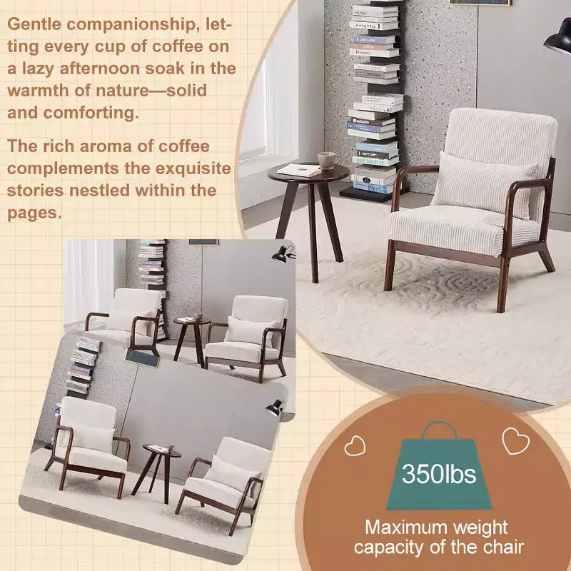Etokfoks Mid Century Modern Accent Chair and Coffee Table Set Beige Chair Walnut Tone Table for Living Room or Bedroom Relaxation